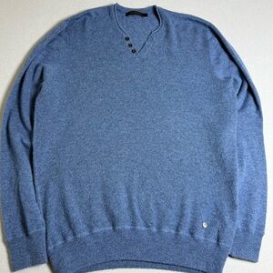 Raffi Large Blue Seed Stitch Knit 100% Cashmere Button Neck Sweater Pullover